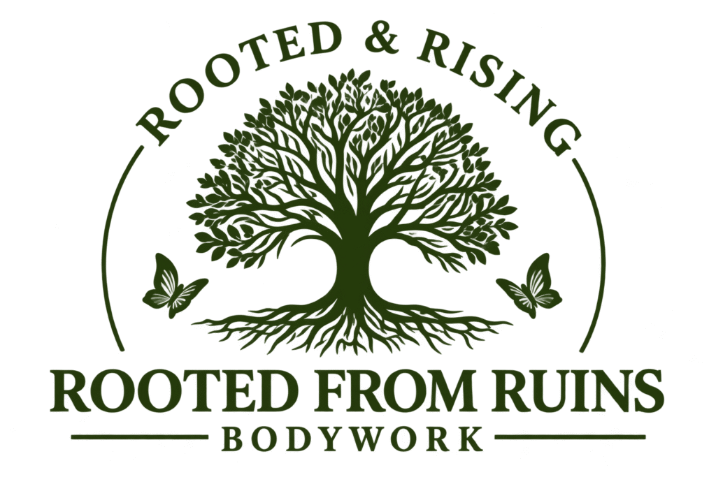 Rooted From Ruins Bodywork logo with tree and butterflies