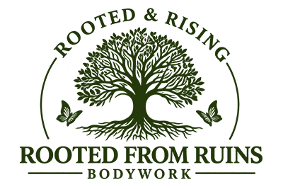 Rooted From Ruins Bodywork logo with tree and butterflies